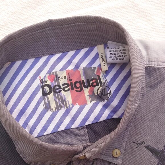 We Love Desigual Long Sleeve Grey Shirt Patchwork Compass XL Embroidery Funky - Picture 2 of 8